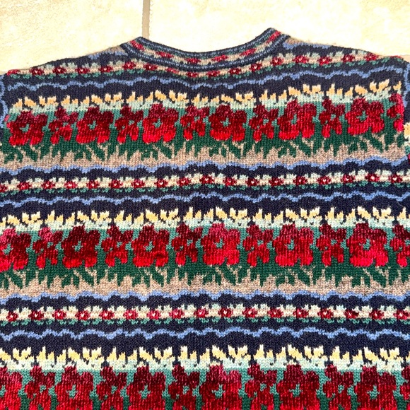 Talbot’s Large heavy wool Nordic Fair Isle red, navy green gray cardigan sweater - Picture 7 of 9
